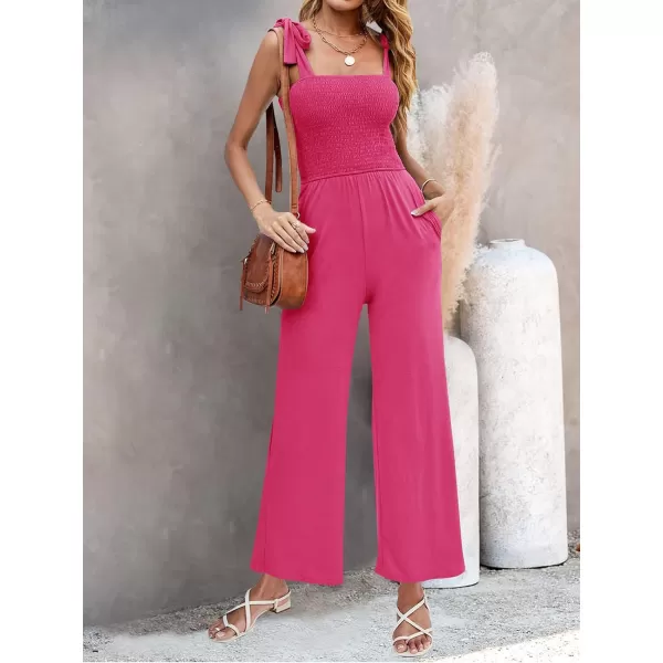 imageZESICA Womens 2023 Summer Casual Spaghetti Strap Smocked High Waist Wide Leg Jumpsuit RomperRose
