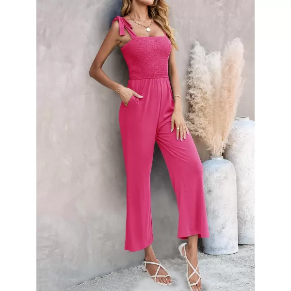 imageZESICA Womens 2023 Summer Casual Spaghetti Strap Smocked High Waist Wide Leg Jumpsuit RomperRose