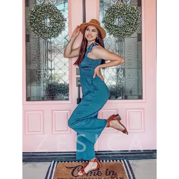 imageZESICA Womens 2023 Summer Casual Spaghetti Strap Smocked High Waist Wide Leg Jumpsuit RomperSage