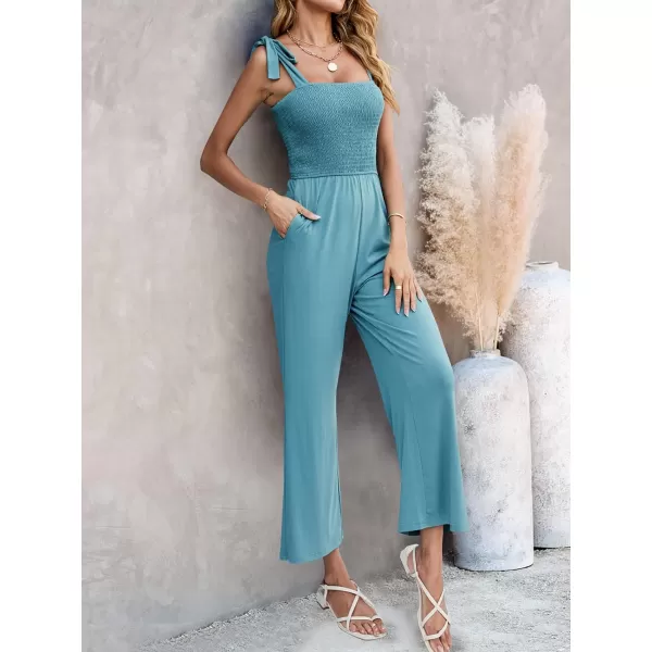 imageZESICA Womens 2023 Summer Casual Spaghetti Strap Smocked High Waist Wide Leg Jumpsuit RomperSage