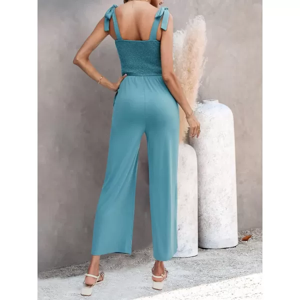 imageZESICA Womens 2023 Summer Casual Spaghetti Strap Smocked High Waist Wide Leg Jumpsuit RomperSage