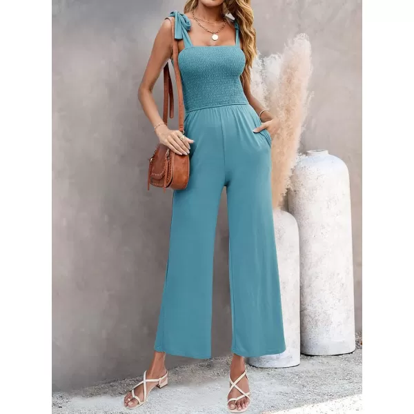 imageZESICA Womens 2023 Summer Casual Spaghetti Strap Smocked High Waist Wide Leg Jumpsuit RomperSage