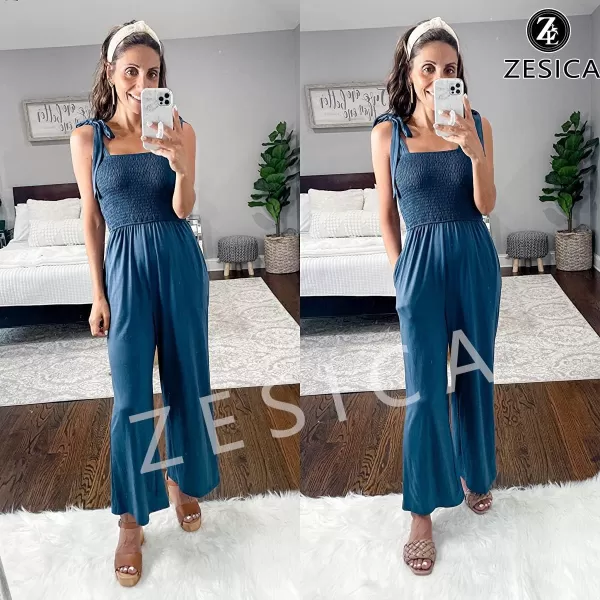imageZESICA Womens 2023 Summer Casual Spaghetti Strap Smocked High Waist Wide Leg Jumpsuit RomperTeal