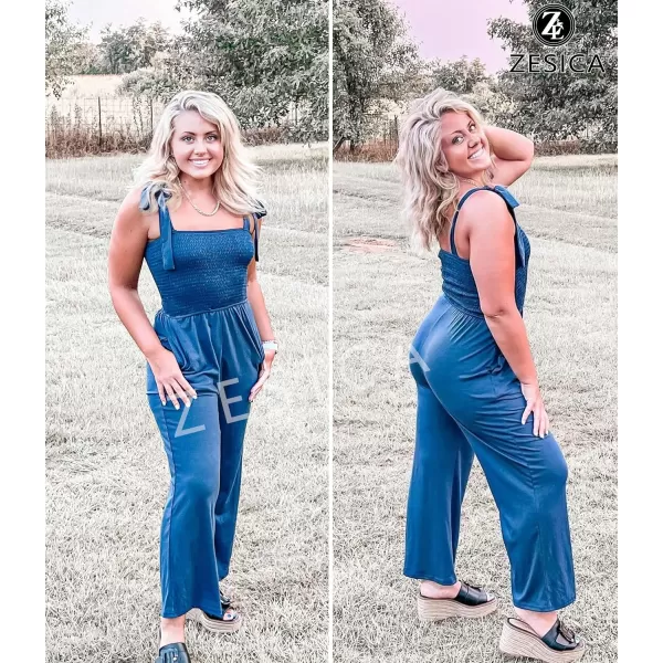 imageZESICA Womens 2023 Summer Casual Spaghetti Strap Smocked High Waist Wide Leg Jumpsuit RomperTeal