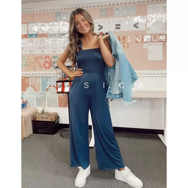 imageZESICA Womens 2023 Summer Casual Spaghetti Strap Smocked High Waist Wide Leg Jumpsuit RomperTeal