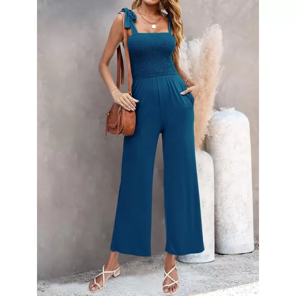 imageZESICA Womens 2023 Summer Casual Spaghetti Strap Smocked High Waist Wide Leg Jumpsuit RomperTeal