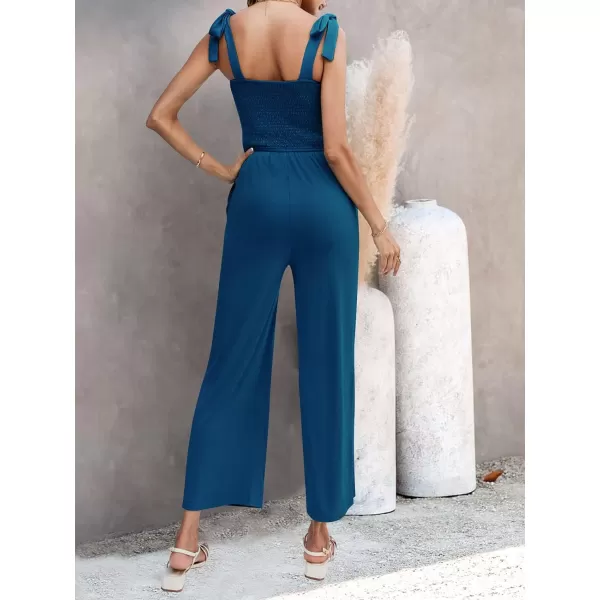 imageZESICA Womens 2023 Summer Casual Spaghetti Strap Smocked High Waist Wide Leg Jumpsuit RomperTeal