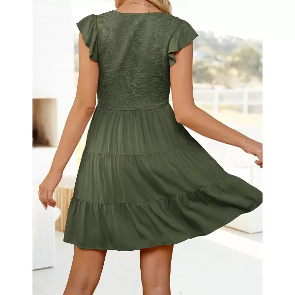 imageZESICA Womens 2023 Summer Casual V Neck Flutter Sleeve Bohemian Ruffle Smocked A Line Swing Mini DressArmygreen