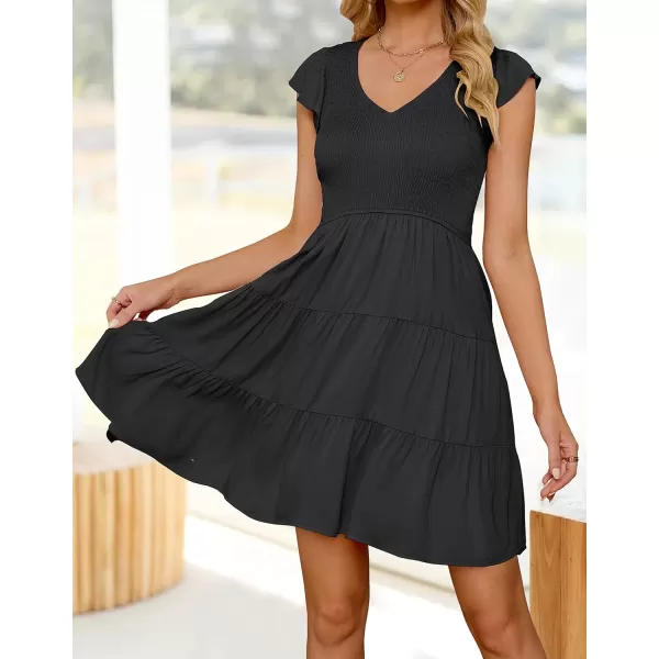 imageZESICA Womens 2023 Summer Casual V Neck Flutter Sleeve Bohemian Ruffle Smocked A Line Swing Mini DressBlack