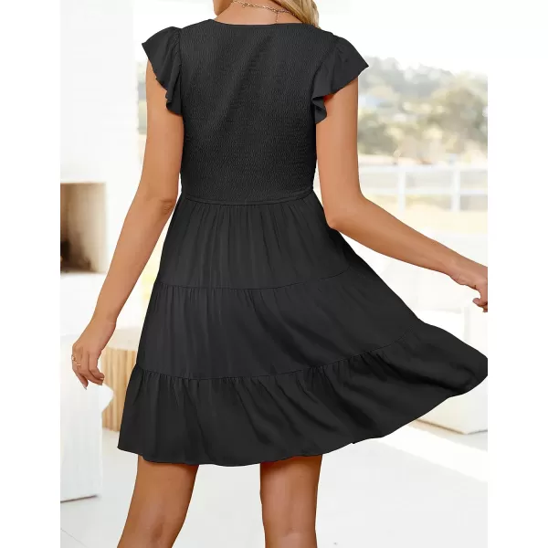 imageZESICA Womens 2023 Summer Casual V Neck Flutter Sleeve Bohemian Ruffle Smocked A Line Swing Mini DressBlack