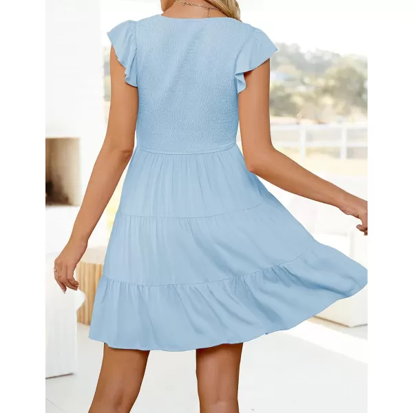 imageZESICA Womens 2023 Summer Casual V Neck Flutter Sleeve Bohemian Ruffle Smocked A Line Swing Mini DressBlue
