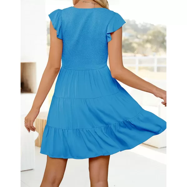 imageZESICA Womens 2023 Summer Casual V Neck Flutter Sleeve Bohemian Ruffle Smocked A Line Swing Mini DressCobaltblue