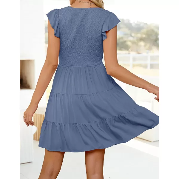 imageZESICA Womens 2023 Summer Casual V Neck Flutter Sleeve Bohemian Ruffle Smocked A Line Swing Mini DressDarkblue