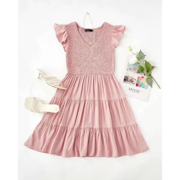 imageZESICA Womens 2023 Summer Casual V Neck Flutter Sleeve Bohemian Ruffle Smocked A Line Swing Mini DressDarkpink