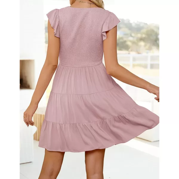 imageZESICA Womens 2023 Summer Casual V Neck Flutter Sleeve Bohemian Ruffle Smocked A Line Swing Mini DressDarkpink