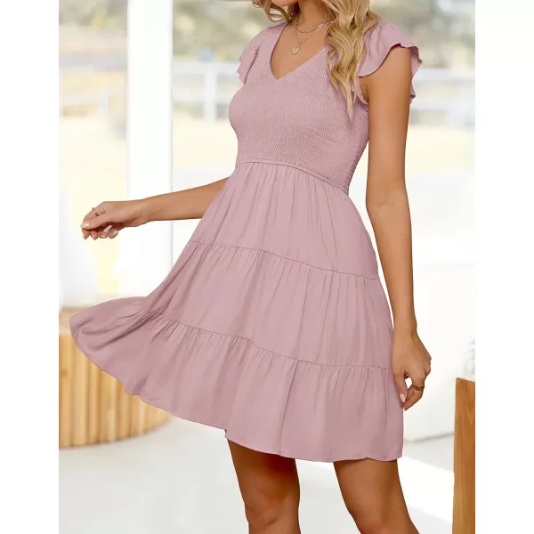 imageZESICA Womens 2023 Summer Casual V Neck Flutter Sleeve Bohemian Ruffle Smocked A Line Swing Mini DressDarkpink