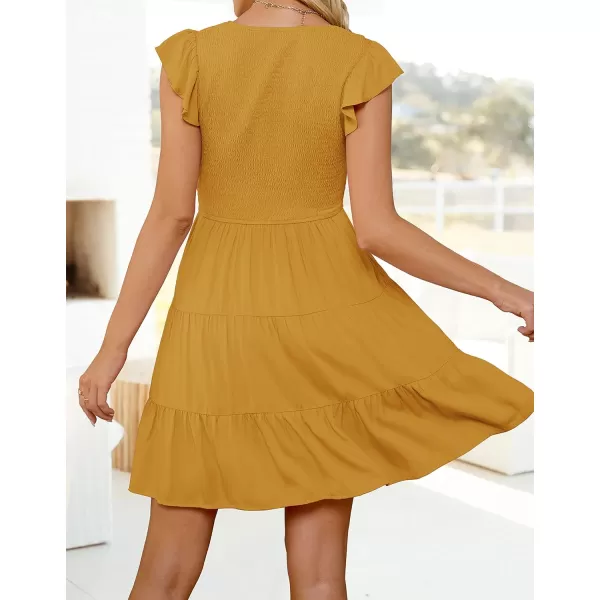 imageZESICA Womens 2023 Summer Casual V Neck Flutter Sleeve Bohemian Ruffle Smocked A Line Swing Mini DressGinger