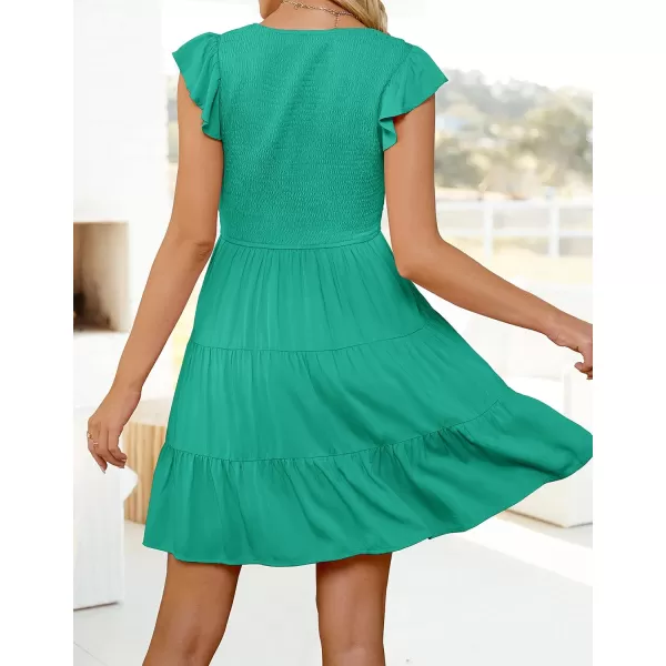 imageZESICA Womens 2023 Summer Casual V Neck Flutter Sleeve Bohemian Ruffle Smocked A Line Swing Mini DressGreen