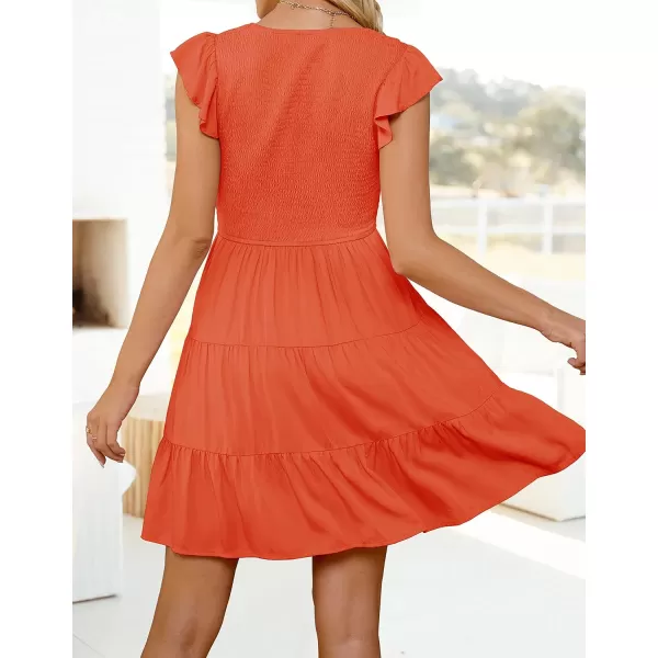 imageZESICA Womens 2023 Summer Casual V Neck Flutter Sleeve Bohemian Ruffle Smocked A Line Swing Mini DressOrange