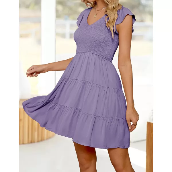 imageZESICA Womens 2023 Summer Casual V Neck Flutter Sleeve Bohemian Ruffle Smocked A Line Swing Mini DressPurple