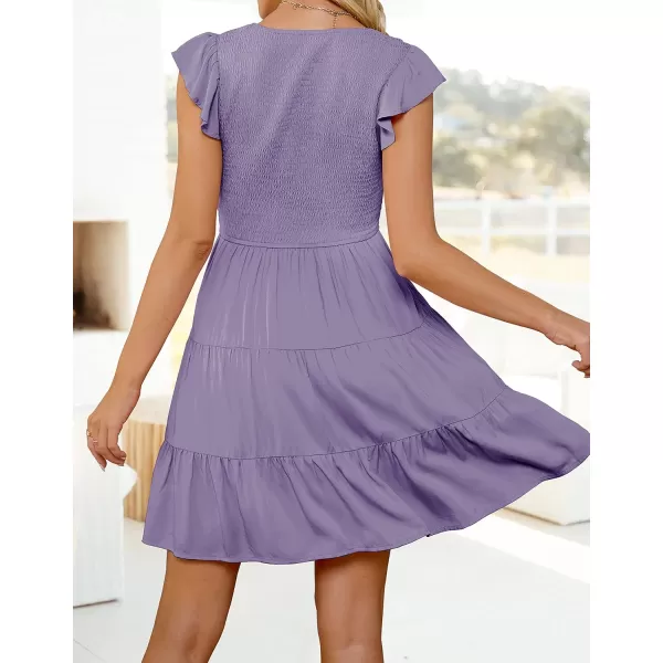 imageZESICA Womens 2023 Summer Casual V Neck Flutter Sleeve Bohemian Ruffle Smocked A Line Swing Mini DressPurple