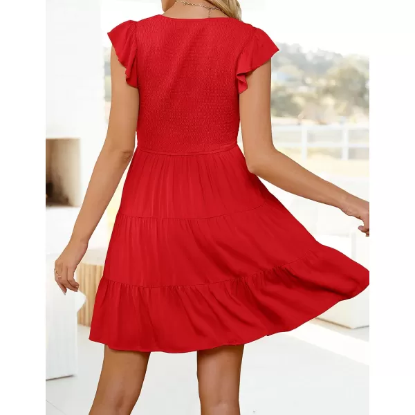 imageZESICA Womens 2023 Summer Casual V Neck Flutter Sleeve Bohemian Ruffle Smocked A Line Swing Mini DressRed