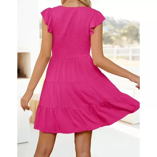 imageZESICA Womens 2023 Summer Casual V Neck Flutter Sleeve Bohemian Ruffle Smocked A Line Swing Mini DressRose
