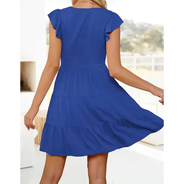 imageZESICA Womens 2023 Summer Casual V Neck Flutter Sleeve Bohemian Ruffle Smocked A Line Swing Mini DressRoyalblue