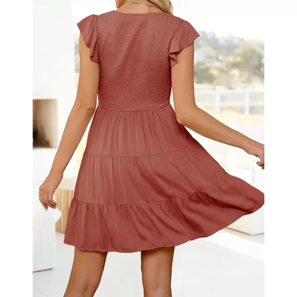 imageZESICA Womens 2023 Summer Casual V Neck Flutter Sleeve Bohemian Ruffle Smocked A Line Swing Mini DressRust