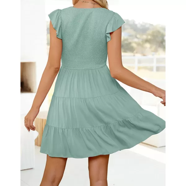 imageZESICA Womens 2023 Summer Casual V Neck Flutter Sleeve Bohemian Ruffle Smocked A Line Swing Mini DressSage