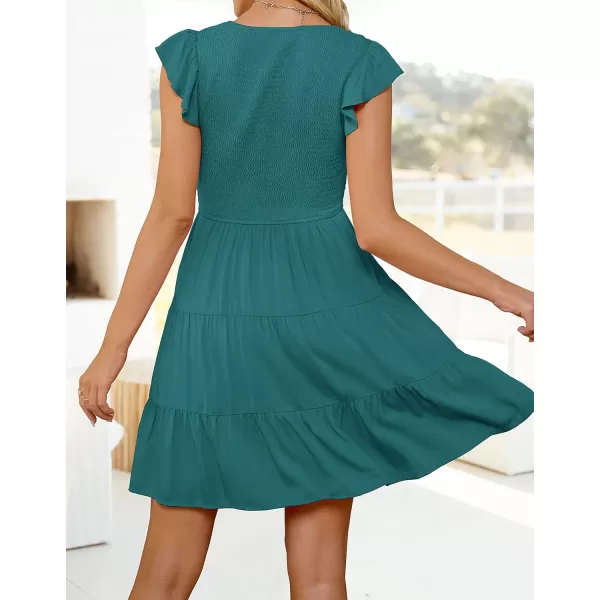 imageZESICA Womens 2023 Summer Casual V Neck Flutter Sleeve Bohemian Ruffle Smocked A Line Swing Mini DressTealgreen
