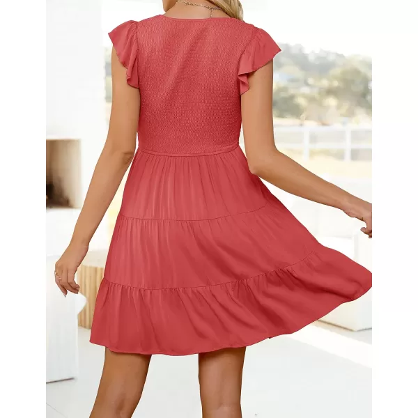 imageZESICA Womens 2023 Summer Casual V Neck Flutter Sleeve Bohemian Ruffle Smocked A Line Swing Mini DressWatermelon