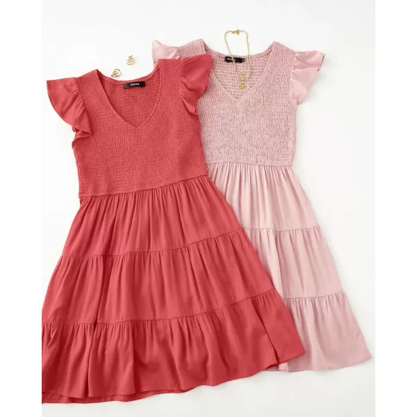 imageZESICA Womens 2023 Summer Casual V Neck Flutter Sleeve Bohemian Ruffle Smocked A Line Swing Mini DressWatermelon