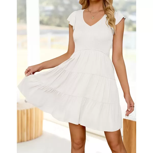 imageZESICA Womens 2023 Summer Casual V Neck Flutter Sleeve Bohemian Ruffle Smocked A Line Swing Mini DressWhite