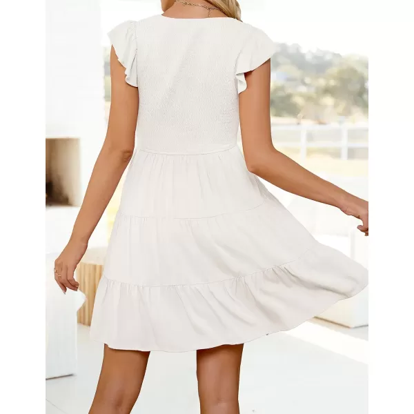 imageZESICA Womens 2023 Summer Casual V Neck Flutter Sleeve Bohemian Ruffle Smocked A Line Swing Mini DressWhite