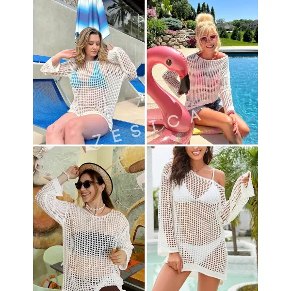 imageZESICA Womens 2023 Summer Crochet Hollow Out Long Sleeve Beach Bikini Swimsuit Mesh Cover Up Tunic TopApricot