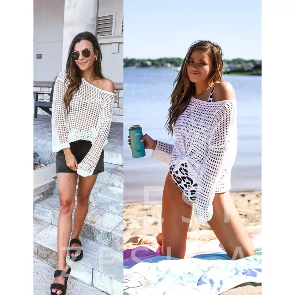imageZESICA Womens 2023 Summer Crochet Hollow Out Long Sleeve Beach Bikini Swimsuit Mesh Cover Up Tunic TopApricot