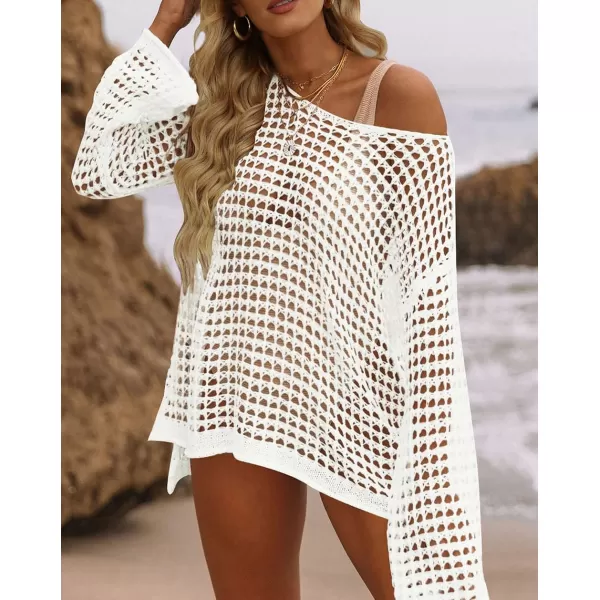 imageZESICA Womens 2023 Summer Crochet Hollow Out Long Sleeve Beach Bikini Swimsuit Mesh Cover Up Tunic TopApricot