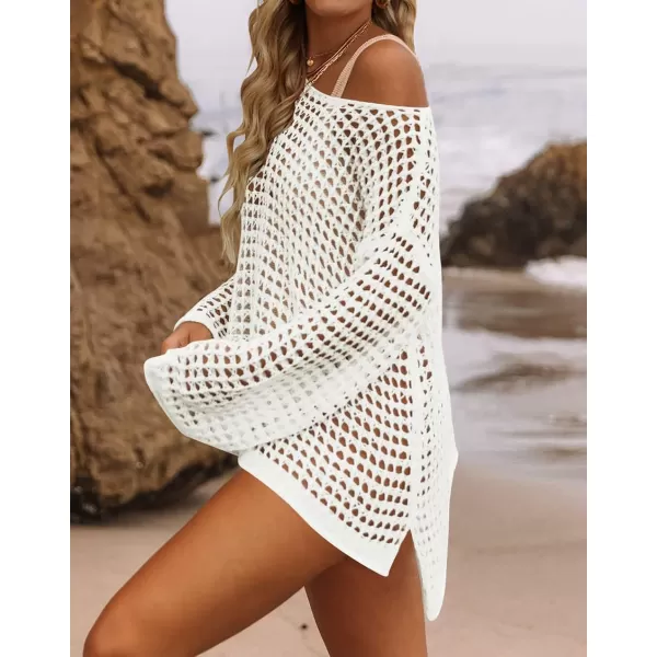 imageZESICA Womens 2023 Summer Crochet Hollow Out Long Sleeve Beach Bikini Swimsuit Mesh Cover Up Tunic TopApricot
