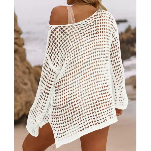 imageZESICA Womens 2023 Summer Crochet Hollow Out Long Sleeve Beach Bikini Swimsuit Mesh Cover Up Tunic TopApricot