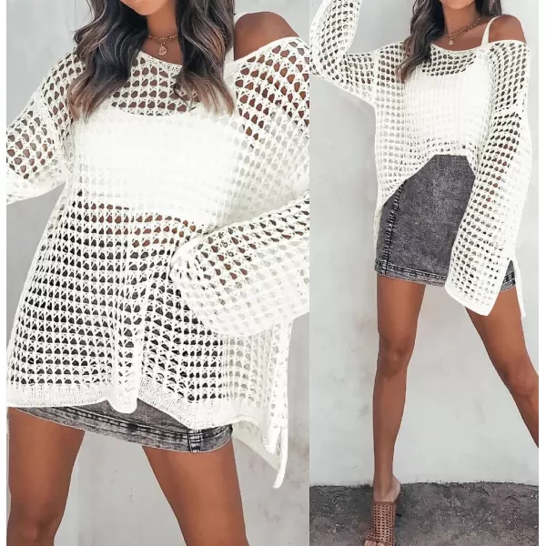 imageZESICA Womens 2023 Summer Crochet Hollow Out Long Sleeve Beach Bikini Swimsuit Mesh Cover Up Tunic TopApricot