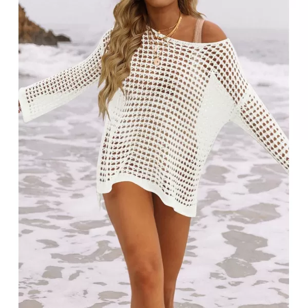 imageZESICA Womens 2023 Summer Crochet Hollow Out Long Sleeve Beach Bikini Swimsuit Mesh Cover Up Tunic TopApricot