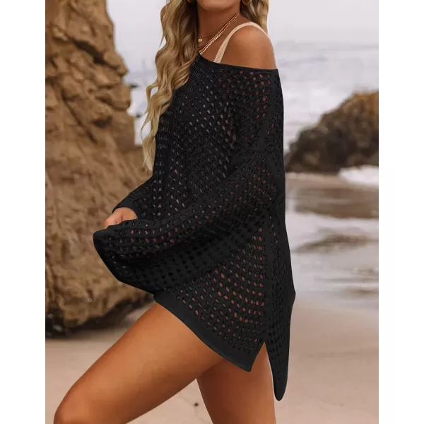 imageZESICA Womens 2023 Summer Crochet Hollow Out Long Sleeve Beach Bikini Swimsuit Mesh Cover Up Tunic TopBlack