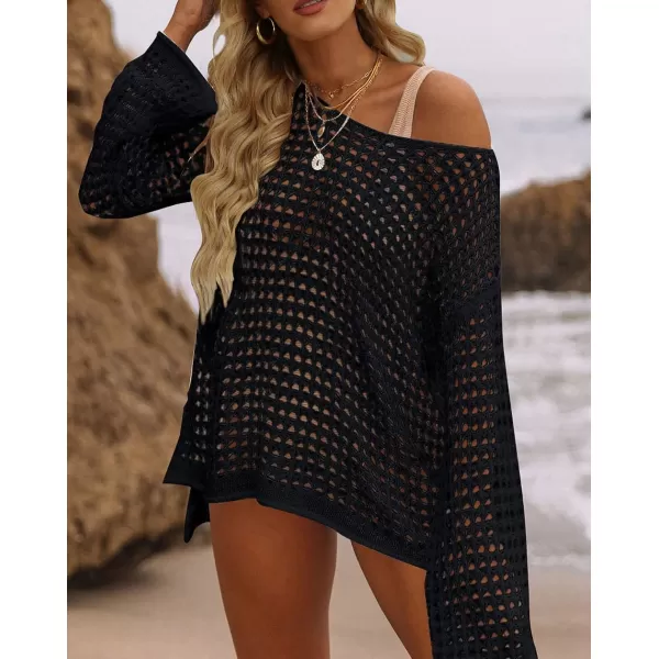 imageZESICA Womens 2023 Summer Crochet Hollow Out Long Sleeve Beach Bikini Swimsuit Mesh Cover Up Tunic TopBlack