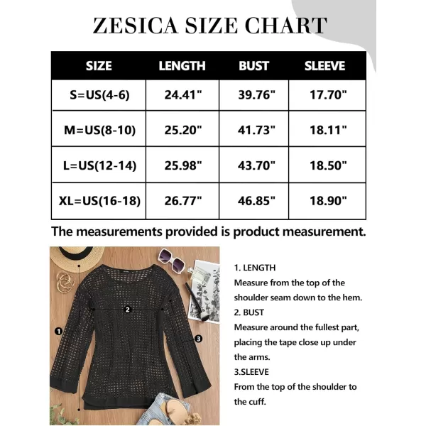 imageZESICA Womens 2023 Summer Crochet Hollow Out Long Sleeve Beach Bikini Swimsuit Mesh Cover Up Tunic TopBlack