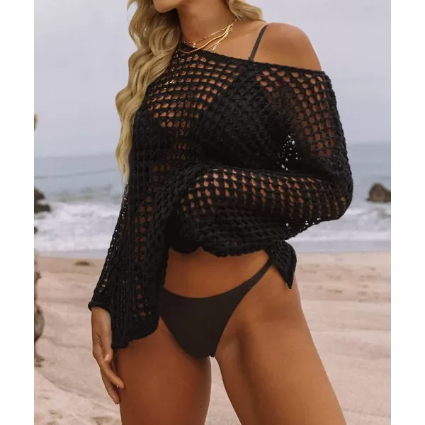 imageZESICA Womens 2023 Summer Crochet Hollow Out Long Sleeve Beach Bikini Swimsuit Mesh Cover Up Tunic TopBlack