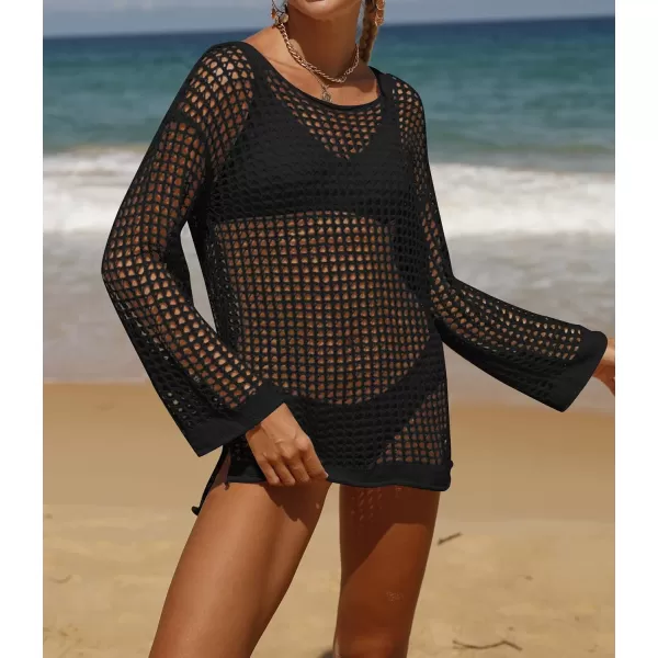 imageZESICA Womens 2023 Summer Crochet Hollow Out Long Sleeve Beach Bikini Swimsuit Mesh Cover Up Tunic TopBlack