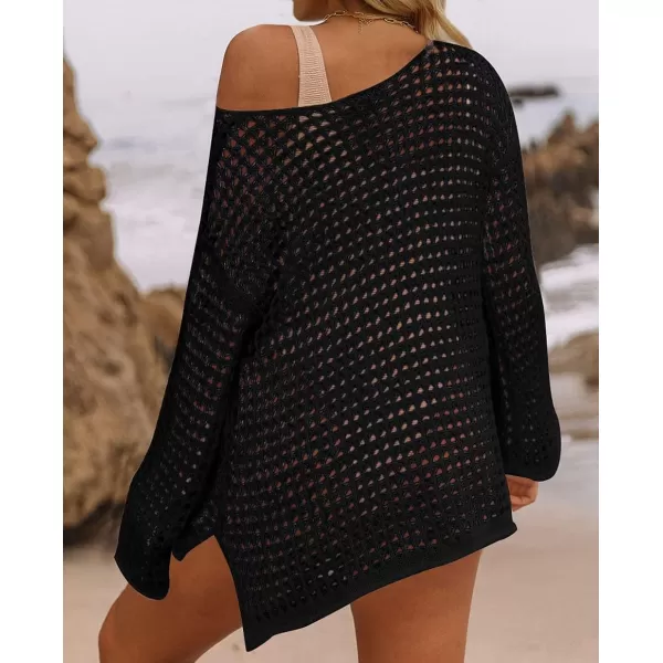 imageZESICA Womens 2023 Summer Crochet Hollow Out Long Sleeve Beach Bikini Swimsuit Mesh Cover Up Tunic TopBlack