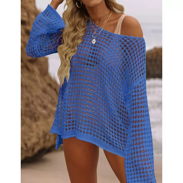 imageZESICA Womens 2023 Summer Crochet Hollow Out Long Sleeve Beach Bikini Swimsuit Mesh Cover Up Tunic TopBlue