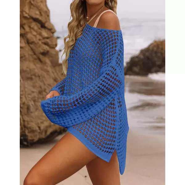 imageZESICA Womens 2023 Summer Crochet Hollow Out Long Sleeve Beach Bikini Swimsuit Mesh Cover Up Tunic TopBlue